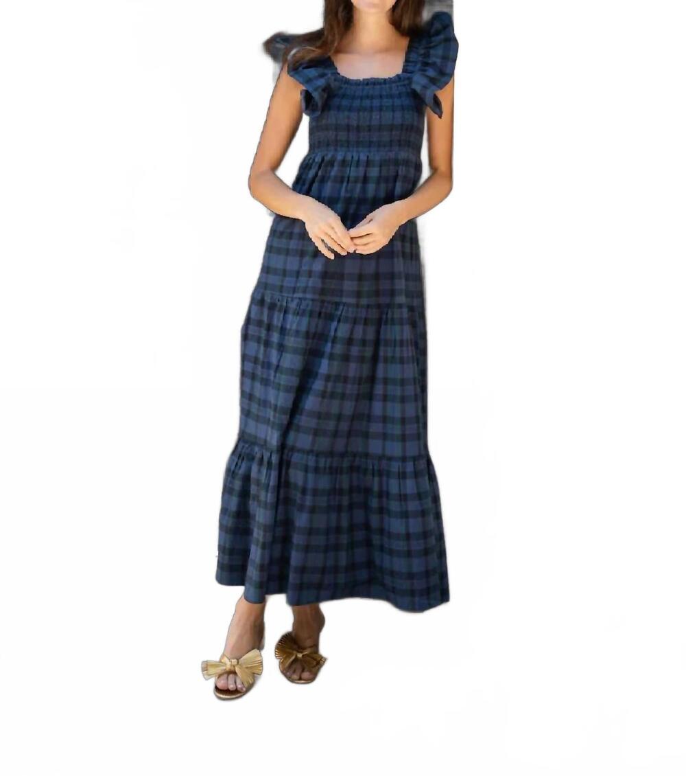 NEW STS BLUE women's flutter sleeve smocked midi dress in blackwatch tartan